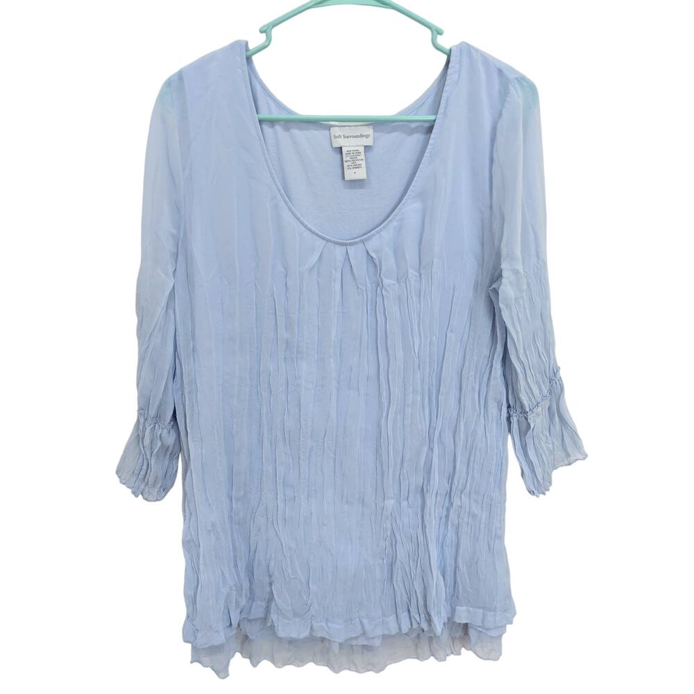 Soft Surroundings Periwinkle Blue Chiffon Ruffle Hem 3/4 Sleeve Tunic Blouse M